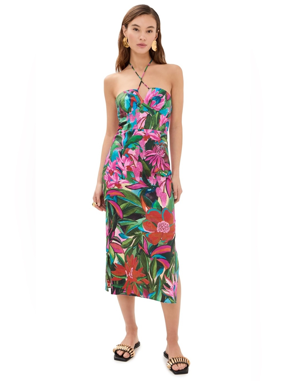 Floral Strapless Midi Dress with Crisscross Neck - Pink & Green